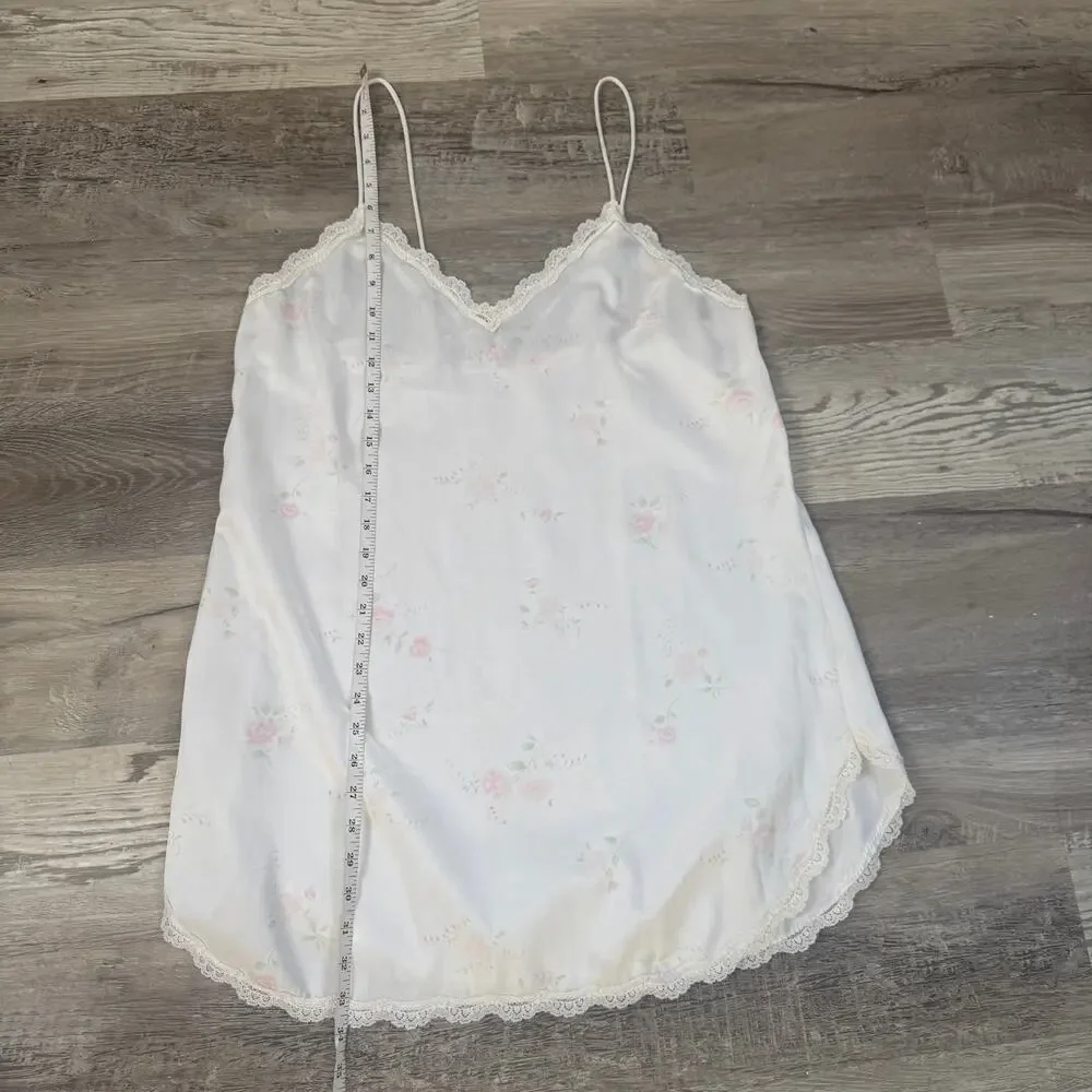Vintage White Satin Floral Lace Trim Slip Dress Nightgown Coquette Cottagecore L - Picture 5 of 5